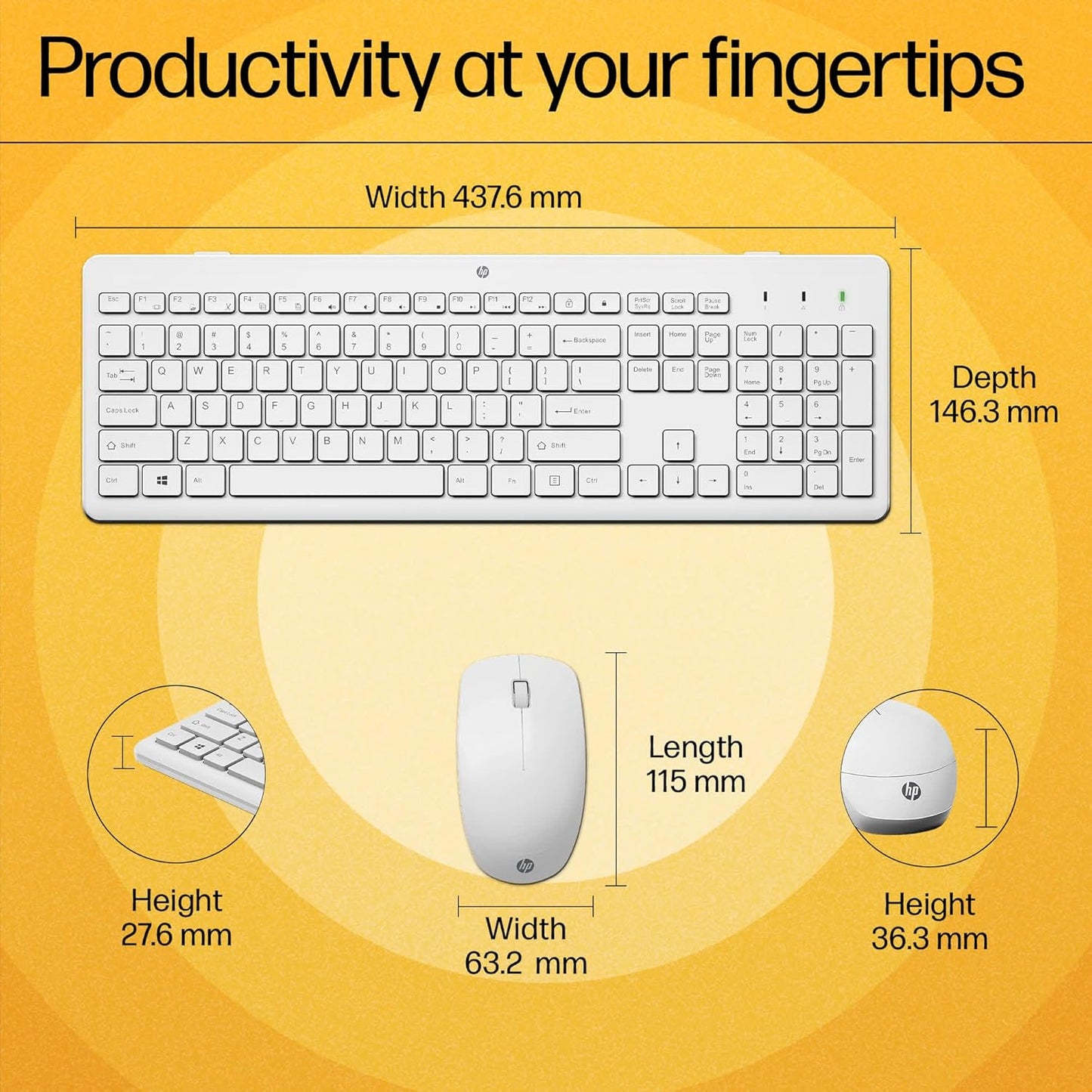 HP 230 Wireless White Keyboard and Mouse Combo 1600 DPI.