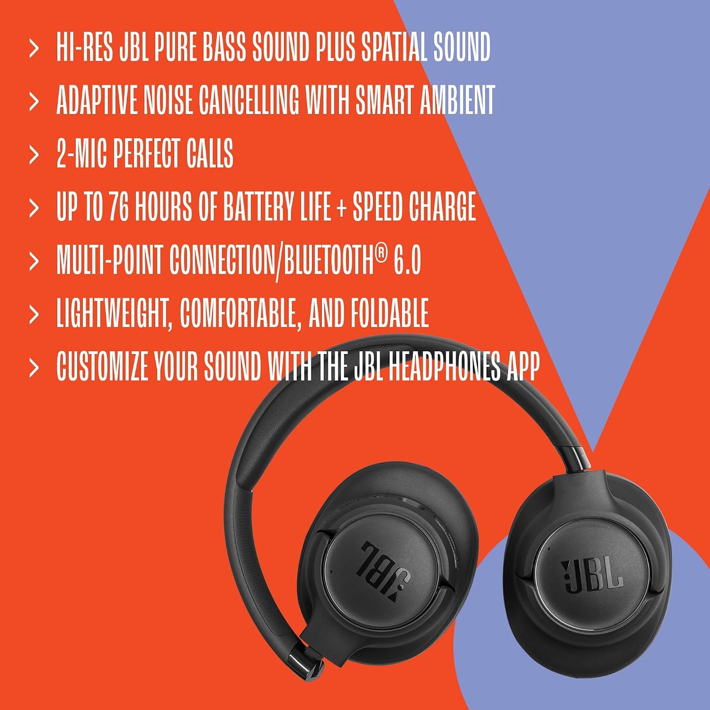 JBL Tune 780 Wireless Over-Ear Adaptive Noise Cancelling Headphones with Pure Bass. Black