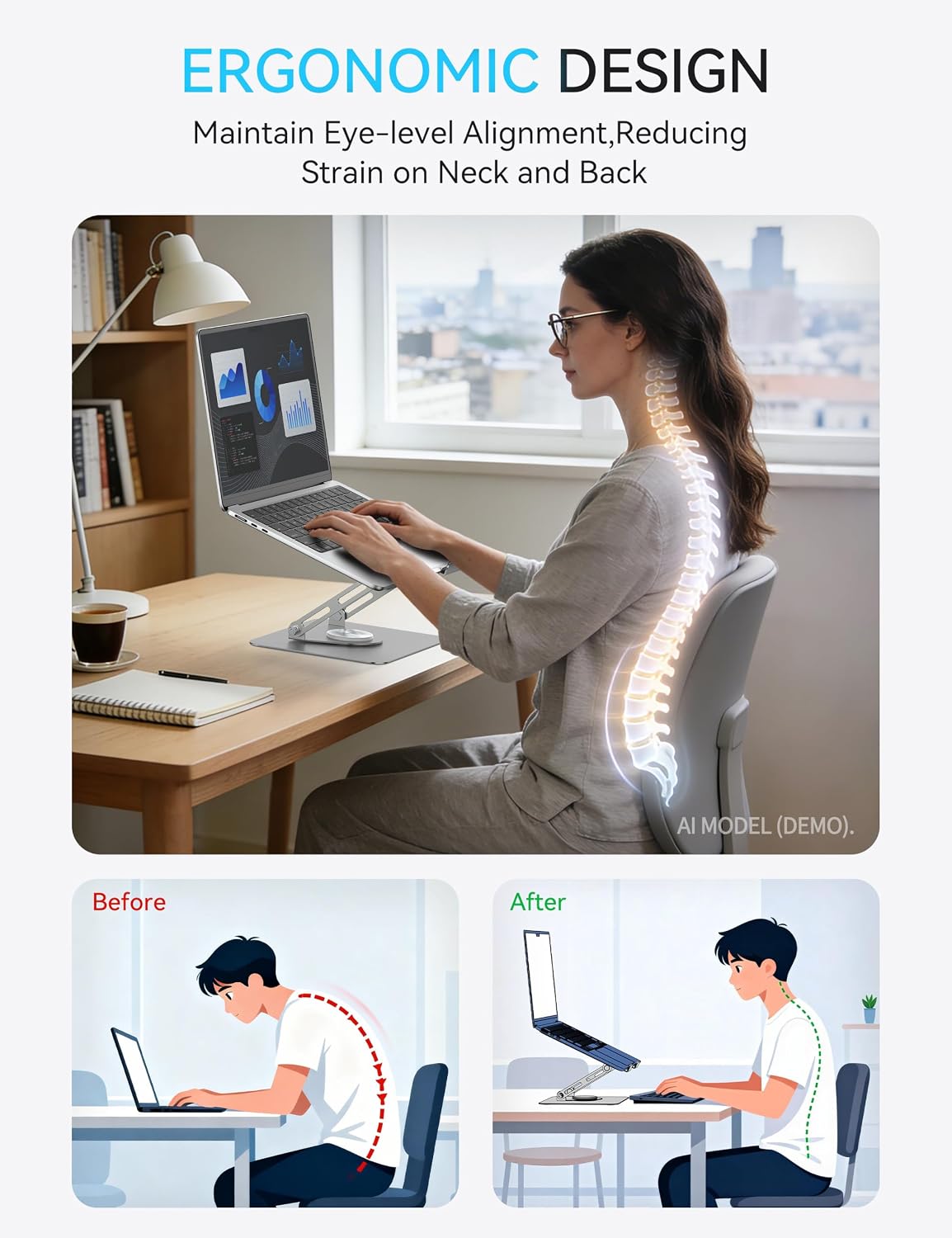 Aluminum laptop stand with 360 rotating base, portable foldable Compatible with 10-17.3 Inch