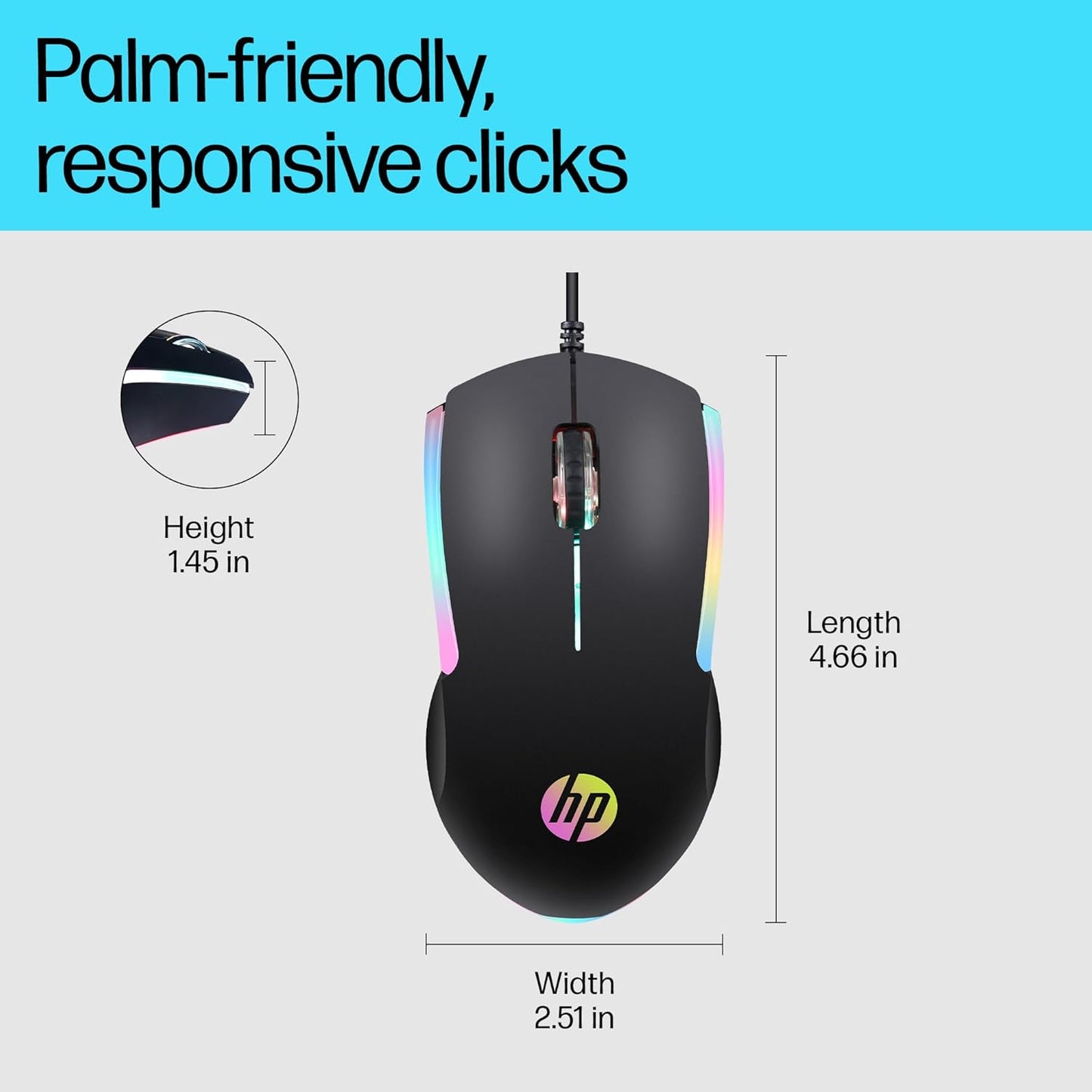 HP M160 USB Wired Gaming Optical Mouse with LED Backlight, 1000 DPI, 3 Buttons.