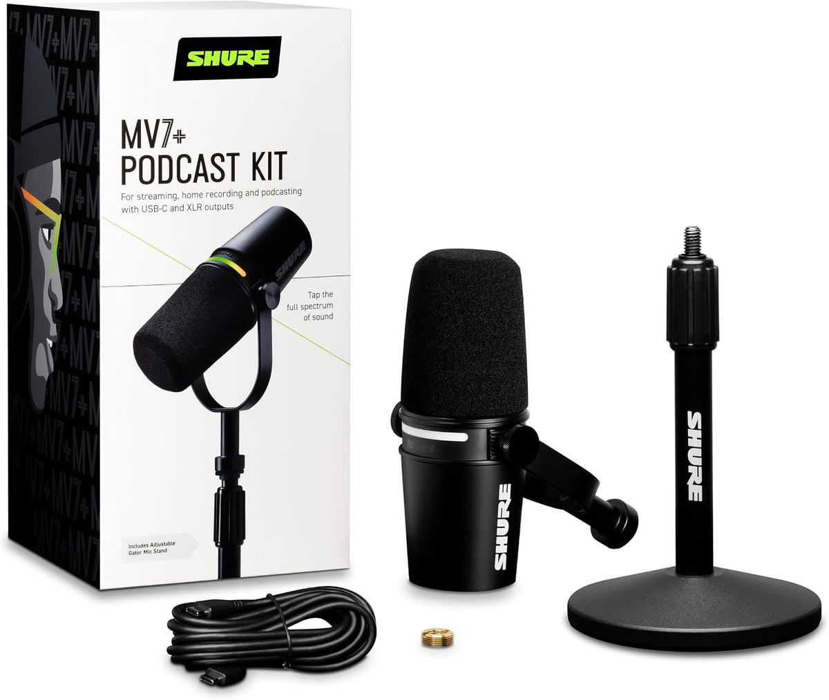 Shure MV7+ Podcast Microphone Bundle, Enhanced Audio, LED Touch Panel