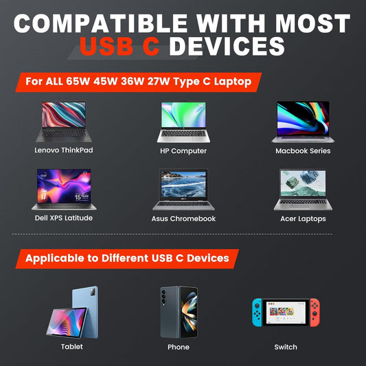 Universal USB-C Laptop Charger 65W — Lenovo, HP, Dell, MacBook