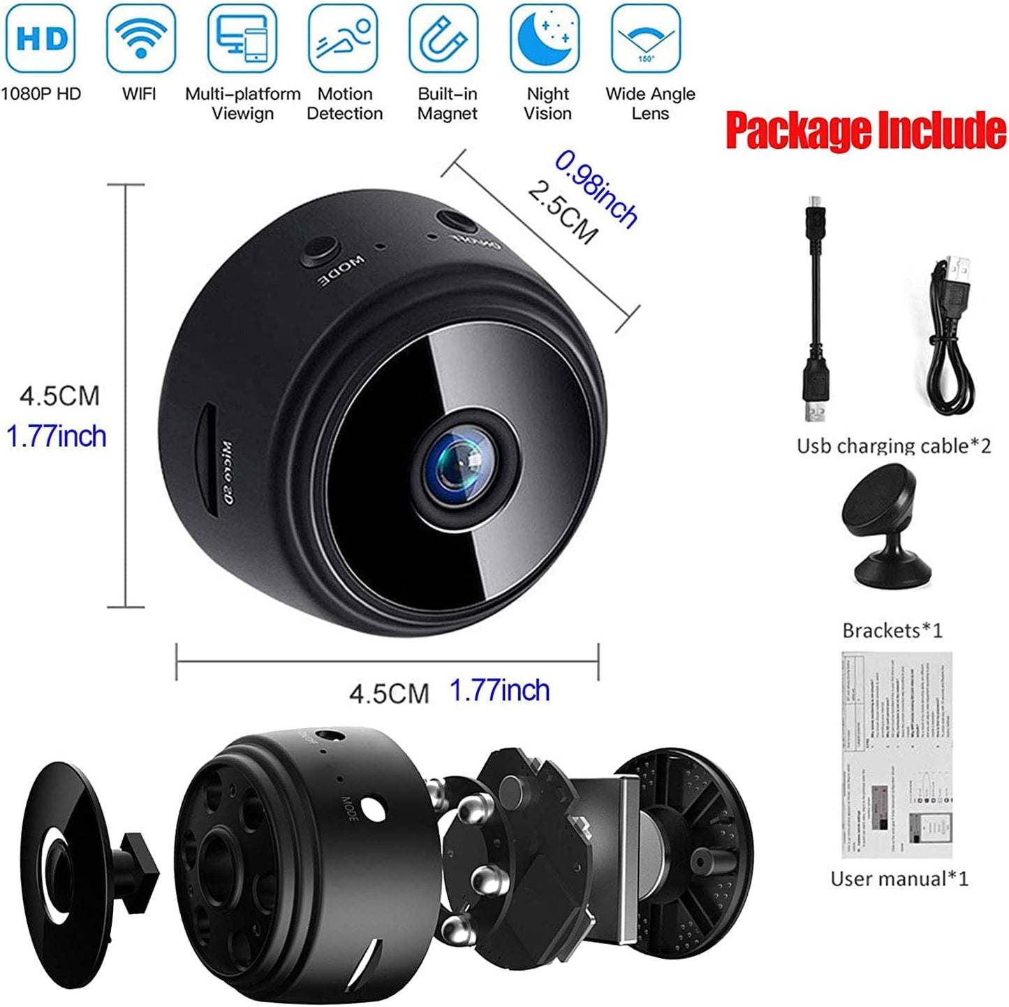 Mini WiFi Hidden Camera with Video Live Feed, HD 1080P Home Security Camera.