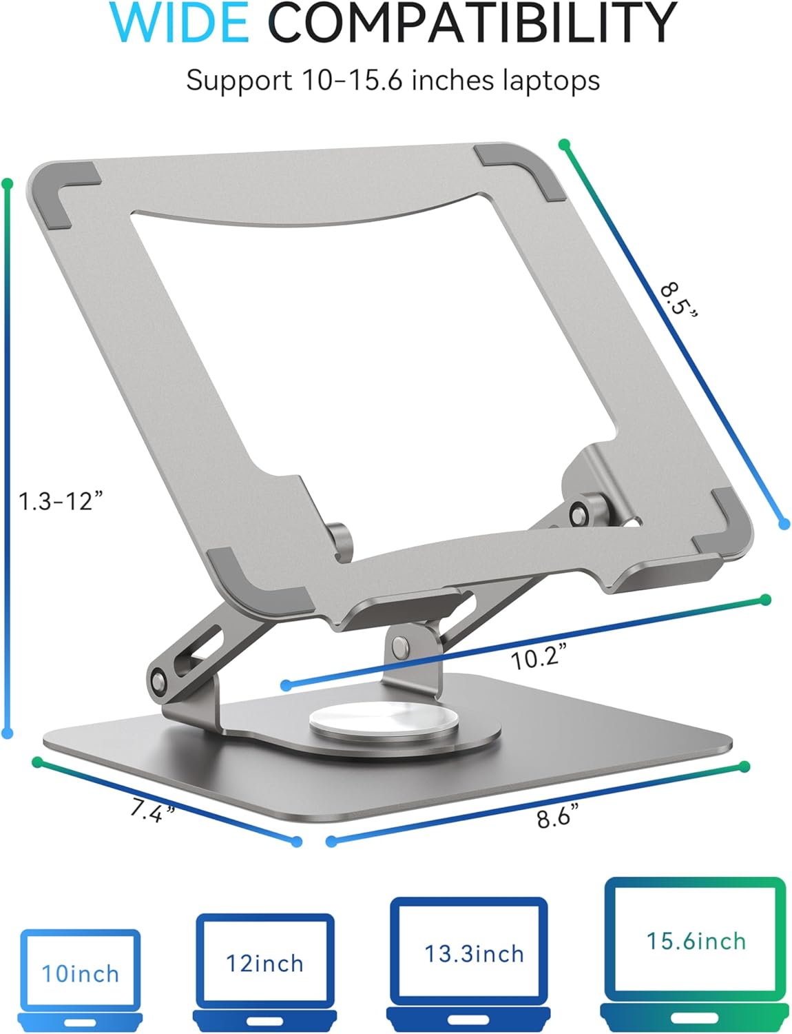 Aluminum  laptop stand with 360 rotating base, portable foldable  Compatible with 10-17.3 Inch