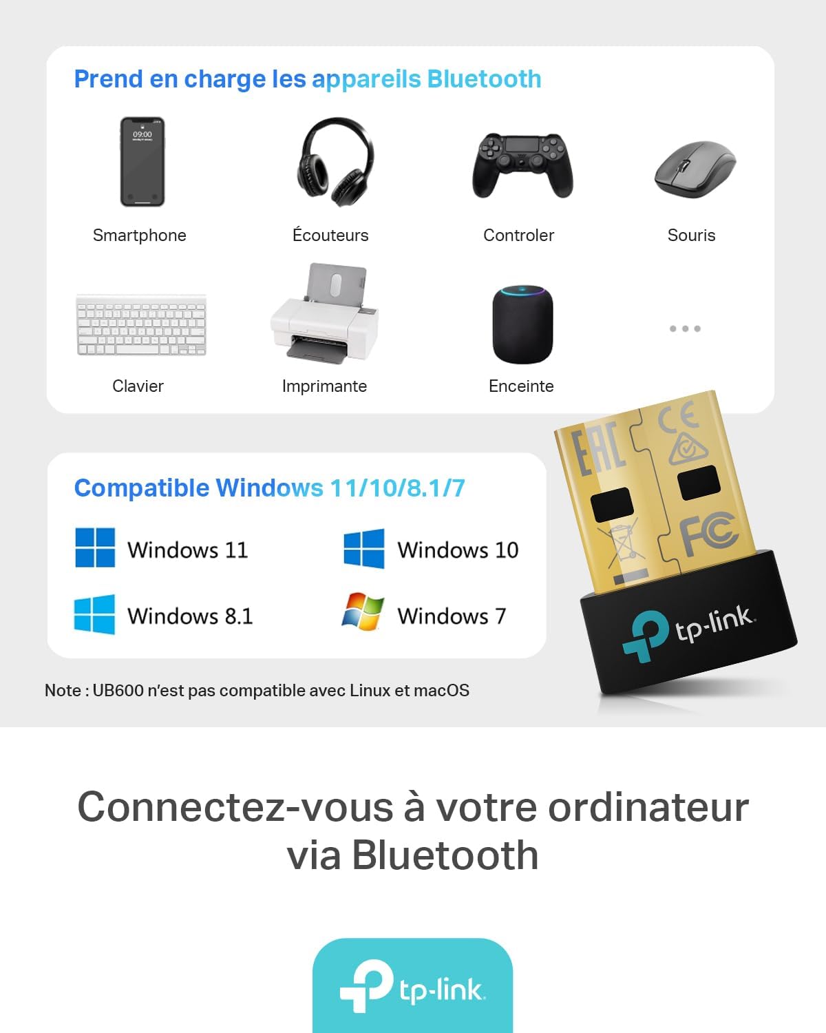TP-Link UB600 USB Bluetooth  6.0 Adapter Dongle  Plug & Play for computer. Windows 11/10